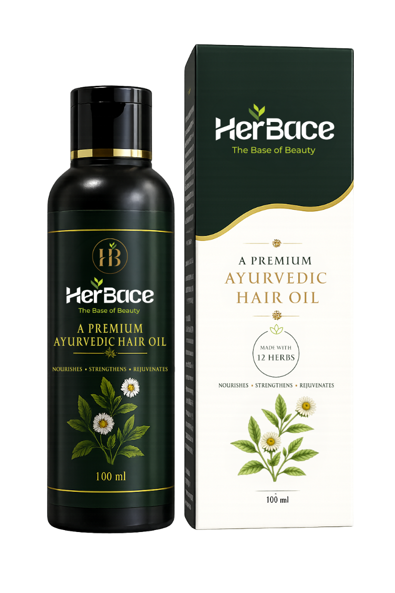 HerBace Ayurvedic Premium Hair Oil bottle with herbs
